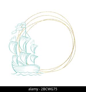 Ship on sea waves, vector sketch etching in gold circle line frame, marine decoration design. Frigate boat with sails on ocean waves, hand drawn engraving in golden wreath with foil texture Stock Vector