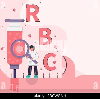 Medical scientist stand on giant arm and examine red blood cells in big syringe with magnifying glass. Concept medical science vector illustration. Stock Vector