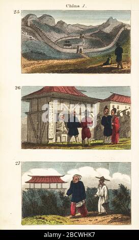 Historical views of China. View of the Great Wall of China 25, street scene in a Chinese town with shopkeepers and customers 26, and workers gathering leaves from the tea plant, Camellia sinensis 27. Handcoloured copperplate engraving from Rev. Isaac Taylor’s Scenes in Asia, for the Amusement and Instruction of Little Tarry-at-Home Travelers, John Harris, London, 1819. Stock Photo