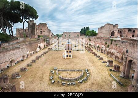 ROME, ITALY - 30 JUNE, 2017 - Art installation in the ruins of the stadium of the Domitian Palace on the Palatine Hill, Rome, Italy. Stock Photo