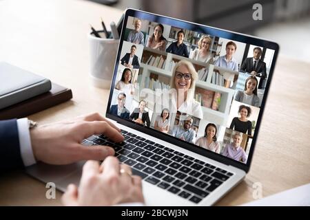 Diverse people engaged in group video call, computer monitor view Stock Photo