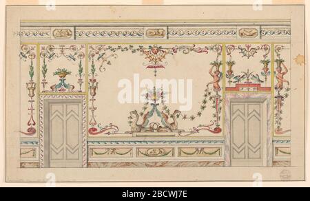 Painted Decoration with Alternate Suggestions. Research in ProgressWall elevation with grotesque decoration. Two doors with alternative surrounds. Wall decorated with griffins and candelabrum. Entablature shows guilloche and three tablets with figures. Painted Decoration with Alternate Suggestions Stock Photo