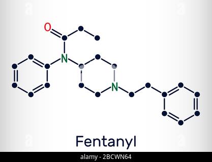Fentanyl, fentanil,  C22H28N2O molecule. It is opioid analgesic. Structural chemical formula. Vector illustration Stock Vector