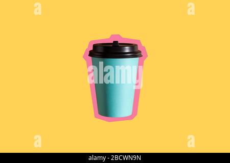 Yellow paper cut background with one paper blue cup. Place for your text. Stock Photo