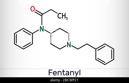 Fentanyl, fentanil,  C22H28N2O molecule. It is opioid analgesic. Structural chemical formula. Vector illustration Stock Vector