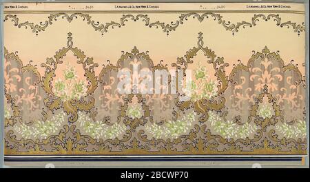 Frieze. Research in ProgressAlternating large and small floral medallions with bouquet insets, connected by floral swag and foliate scrolls. Top and bottom have scalloping designs of foliate scrolls. Frieze Stock Photo