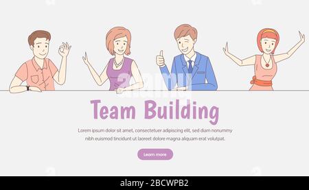 Team building web banner template with text space. Corporate team building landing page concept. Happy smiling people, friends, colleagues, office workers vector cartoon outline illustration. Stock Vector