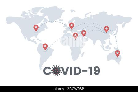 Epidemic of Covid-19 spread all over the world flat illustration. Global pandemic of China pathogen respiratory influenza outbreak, coronavirus on Earth vector concept with typography. Stock Vector