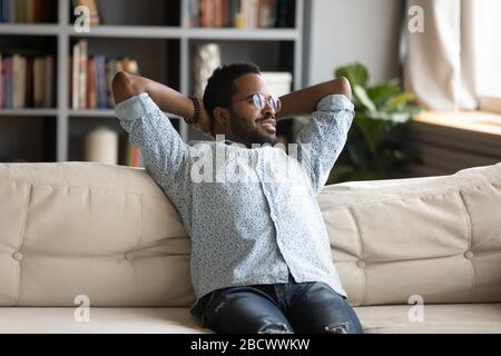 Happy biracial man look in distance visualizing Stock Photo