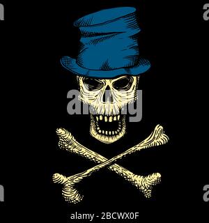Hand drawn skull of a dead man in a blue crumpled top hat, with crossbones, on a black background. Vector illustration. Stock Vector