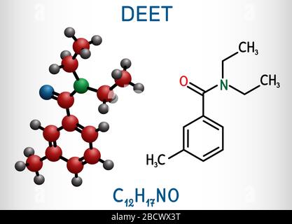 DEET, diethyltoluamide, N,N-Diethyl-meta-toluamide C12H17NO molecule ...