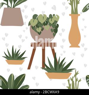 Seamless pattern home decorative and outdoor garden plants in pots set green plants flat vector illustration on white background Stock Vector