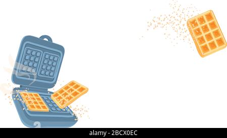 Modern cover with waffle maker for web banner design. Cooking belgian waffles vector illustration isolated on white background. Flying Waffle iron with copy space kitchen poster. Horizontal concept. Stock Vector