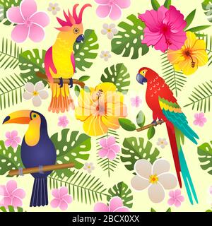 toucan and parrot sits on a flowering branch vector illustration seamless pattern Stock Vector