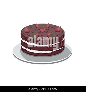 Chocolate cake with strawberries on a white isolated background. Vector image Stock Vector
