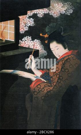 日本語 夜桜美人図 絹本着色 江戸中期の女流歌人である秋色を描いたもの English A Beauty Reading Poetry By The Cherry Blossoms At Night Ukiyo E Painting Of ōme Shushiki Color On Silk 日本語 江戸後期mid 19th Century Date Qs P 1850 00 00t00