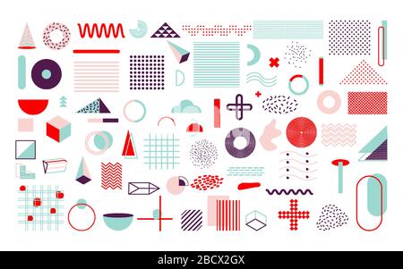 Set of colorful geometric shapes. Memphis design elements of retro style, funky 90s trends pattern. Trendy halftone for magazine, billboard, web poste Stock Vector