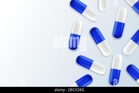 3d Realistic Medical Pill. Capsules for graphics, Mockup. Corona virus infection, novel coronavirus disease 2019, COVID-19,nCoV 2019. Vector Stock Vector