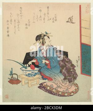 Depressie Injectie passend Geisha kijkt op naar een vliegende koekoek; Nederlands: Een geisha spoelt  haar rijstwijnkopje in een porseleinen kom, links van haar een keteltje met  gekruide rijstwijn (sake). Achter haar staat haar gelakte doos