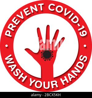 Wash your hands to prevent COVID-19. Hand with coronavirus symbol. Vector sticker Stock Vector