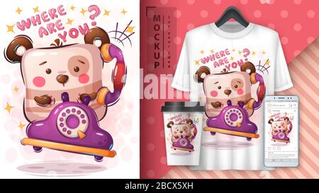 Bear chat poster and merchandising Stock Vector