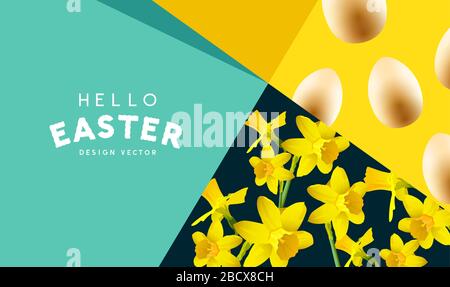 Happy Easter banner background with pattern textures with eggs and daffodils. Vector illustration. Stock Vector
