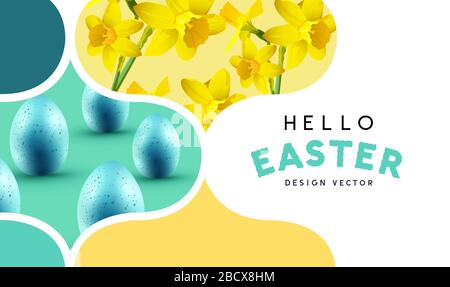 Happy Easter banner background layout with pattern textures, eggs and daffodils. Vector illustration. Stock Vector