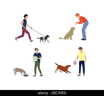 Set of people with dogs. Dog and person. Day care of dogs - feeding, walking, playing with puppy. Stock Vector
