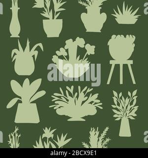 Green silhouette seamless pattern home decorative and outdoor garden plants in pots set plants flat vector illustration on green background Stock Vector