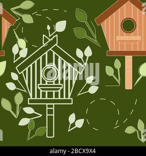 Seamless pattern of nesting box on wooden pole wooden birdhouse flat vector illustration on green background with green leaves Stock Vector