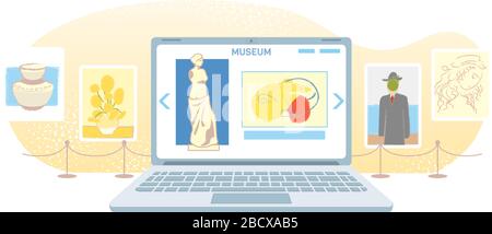 Online art gallery banner. Virtual museum in modern laptop isolated on white background. Online exhibition Tours, Internet technology. Home leisure on mobile devices. Web tourism Vector concept. Stock Vector