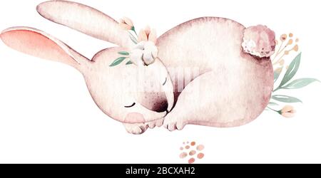 Hand drawn watercolor happy easter set with bunnies design.Rabbit bohemian style, isolated boho illustration on white. Stock Vector