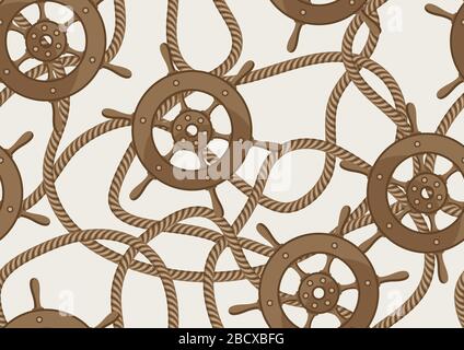 Nautical seamless pattern with ship steering wheels and ropes. Stock Vector