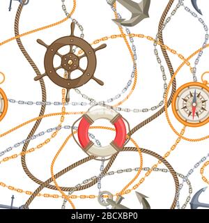 Nautical seamless pattern with sailing items, ropes and chains. Stock Vector
