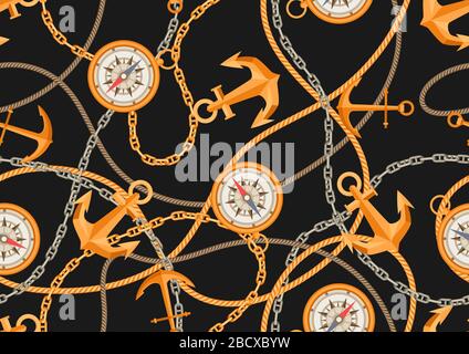 Nautical seamless pattern with sailing items, ropes and chains. Stock Vector