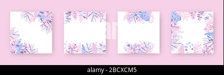 Set of colorful tropical leaf square frame. Decorative pattern text box. Different background with exotic leaves palm, monstera for design event or we Stock Vector