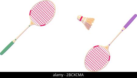 Badminton shuttlecock and rackets for horizontal banner. Tennis Professional sport equipment isolated on white background. Abstract competition illustration. Copy space. Vector clip art. Stock Vector