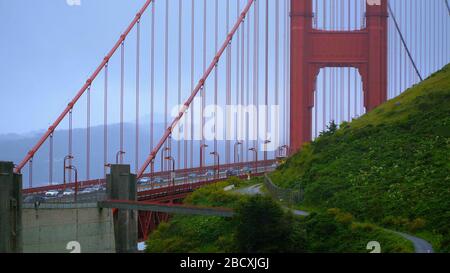 Traffic on the Golden Gate Bridge San Francisco on a rainy day - SAN FRANCISCO, CALIFORNIA - APRIL 18, 2017 - travel photography Stock Photo