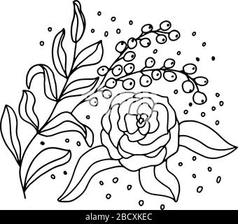 Vector image on awhite background in a linear style, leaves and flower for decoration of covers, coloring books, packaging, prints of t-shirts Stock Vector