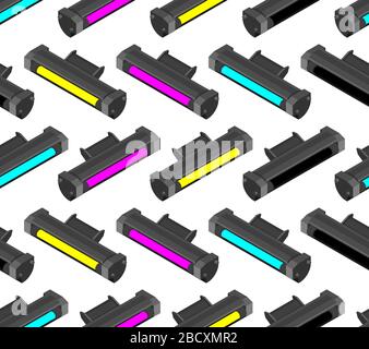 Printer toner cartridge CMYK pattern seamless. Cyan and Magenta. Yellow and Key color. ink Laser Jet printer background. Vector texture Stock Vector