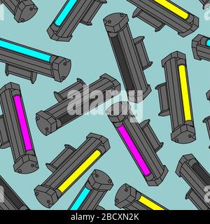 Printer toner cartridge CMYK pattern seamless. Cyan and Magenta. Yellow and Key color. ink Laser Jet printer background. Vector texture Stock Vector