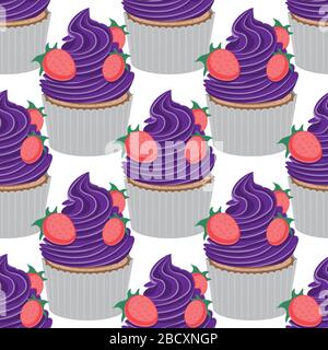 Seamless cupcake pattern with strawberries on a white background. Vector image Stock Vector