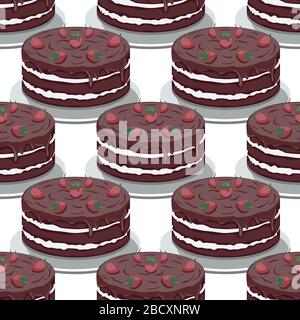 Seamless pattern of sweet chocolate cake with strawberries on a white background. Vector image Stock Vector