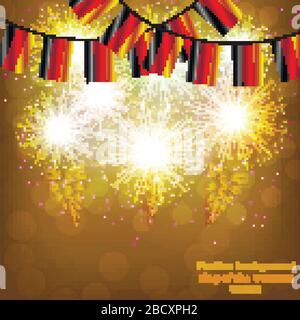 Bright firework with flags Germany for holidays. Illustration. Stock Vector