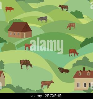 Livestock seamless pattern. Farm animals cows over countryside landscape background. Stock Vector