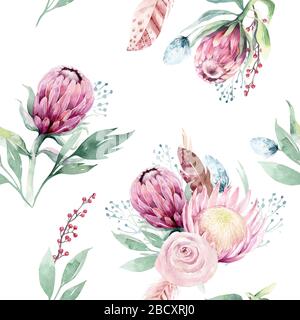 Watercolor protea seamless pattern. tropical leaves background. Textile texture. Hand drawn illustration Stock Vector