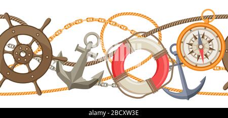 Nautical seamless pattern with sailing items, ropes and chains. Stock Vector