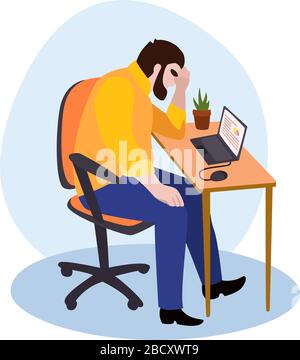 Tired male manager in office sad boring sitting with head down on laptop.. Professional burnout syndrome. Flat cartoon illustration isolated on white Stock Vector