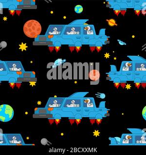 Space tourism pattern seamless. Astronauts in Flying car background . Spaceship auto ornament. Spaceman in Rocket automobile texture. vector illustrat Stock Vector
