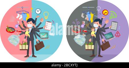 A set of businessman wearing mask who perform multitasking in offices and private.There are things to do smoothly and a pattern that is in a panic.It' Stock Vector